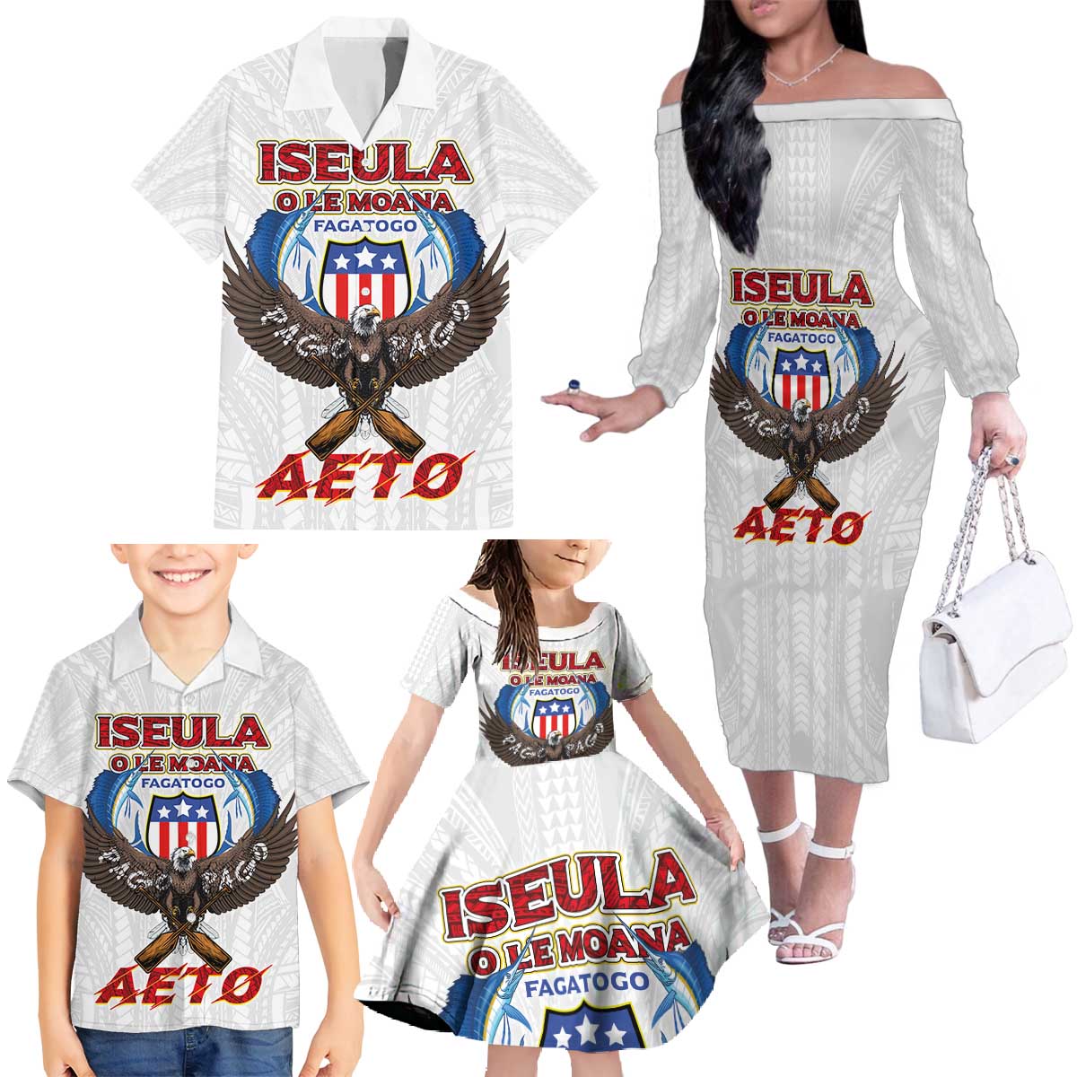 American Samoa Fautasi Family Matching Off The Shoulder Long Sleeve Dress and Hawaiian Shirt Pago Pago Aeto and Iseula o le Moana of Fagatogo White Color LT03 - Polynesian Pride