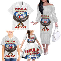 American Samoa Fautasi Family Matching Off The Shoulder Long Sleeve Dress and Hawaiian Shirt Pago Pago Aeto and Iseula o le Moana of Fagatogo White Color LT03 - Polynesian Pride