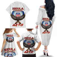 American Samoa Fautasi Family Matching Off The Shoulder Long Sleeve Dress and Hawaiian Shirt Pago Pago Aeto and Iseula o le Moana of Fagatogo White Color LT03 - Polynesian Pride