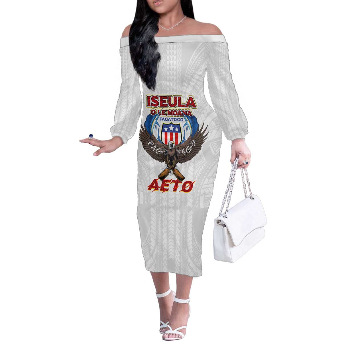 American Samoa Fautasi Family Matching Off The Shoulder Long Sleeve Dress and Hawaiian Shirt Pago Pago Aeto and Iseula o le Moana of Fagatogo White Color LT03 Mom's Dress White - Polynesian Pride