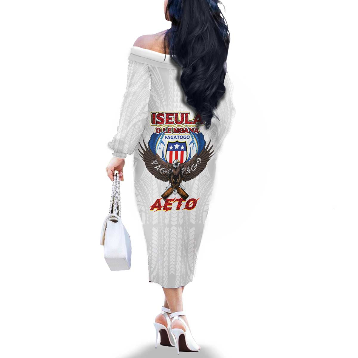 American Samoa Fautasi Family Matching Off The Shoulder Long Sleeve Dress and Hawaiian Shirt Pago Pago Aeto and Iseula o le Moana of Fagatogo White Color LT03 - Polynesian Pride
