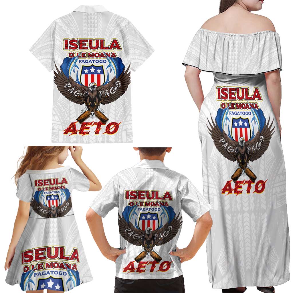 American Samoa Fautasi Family Matching Off Shoulder Maxi Dress and Hawaiian Shirt Pago Pago Aeto and Iseula o le Moana of Fagatogo White Color LT03 - Polynesian Pride
