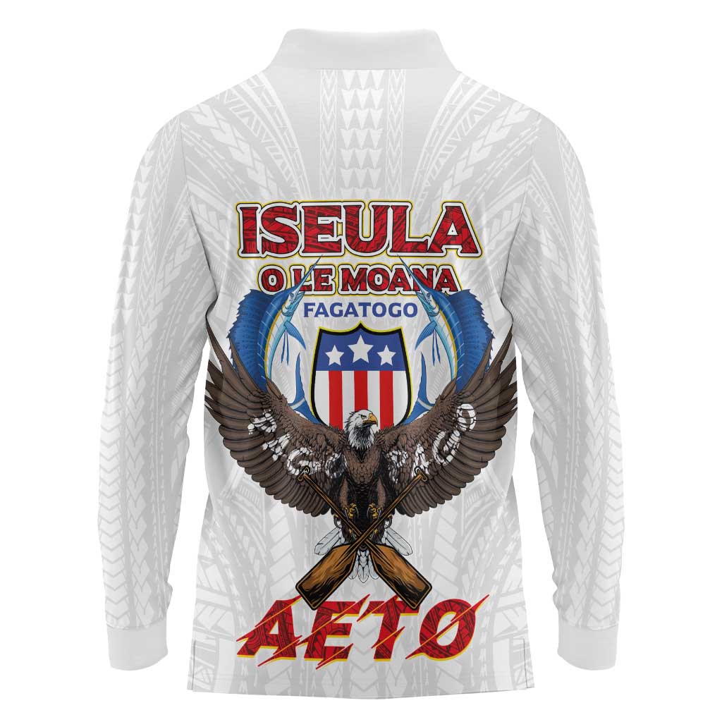 American Samoa Fautasi Long Sleeve Polo Shirt Pago Pago Aeto and Iseula o le Moana of Fagatogo White Color LT03 - Polynesian Pride