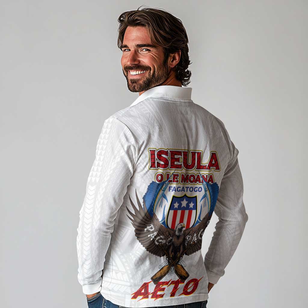 American Samoa Fautasi Long Sleeve Polo Shirt Pago Pago Aeto and Iseula o le Moana of Fagatogo White Color LT03 - Polynesian Pride