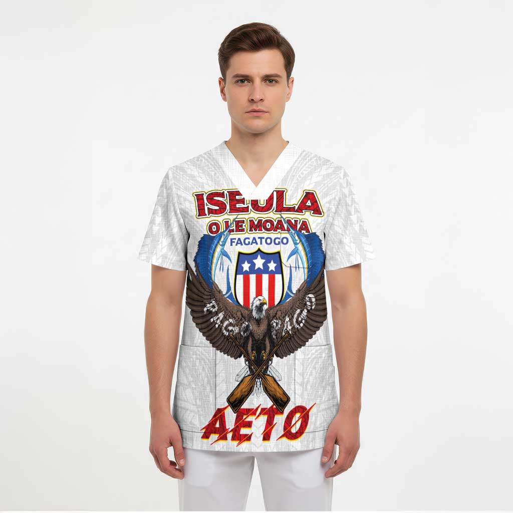 American Samoa Fautasi Scrub Top Pago Pago Aeto and Iseula o le Moana of Fagatogo White Color LT03 - Polynesian Pride