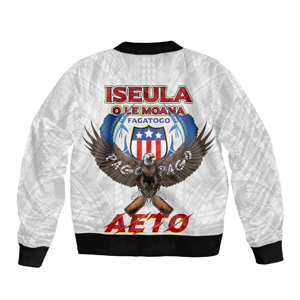 American Samoa Fautasi Sleeve Zip Bomber Jacket Pago Pago Aeto and Iseula o le Moana of Fagatogo White Color LT03 - Polynesian Pride