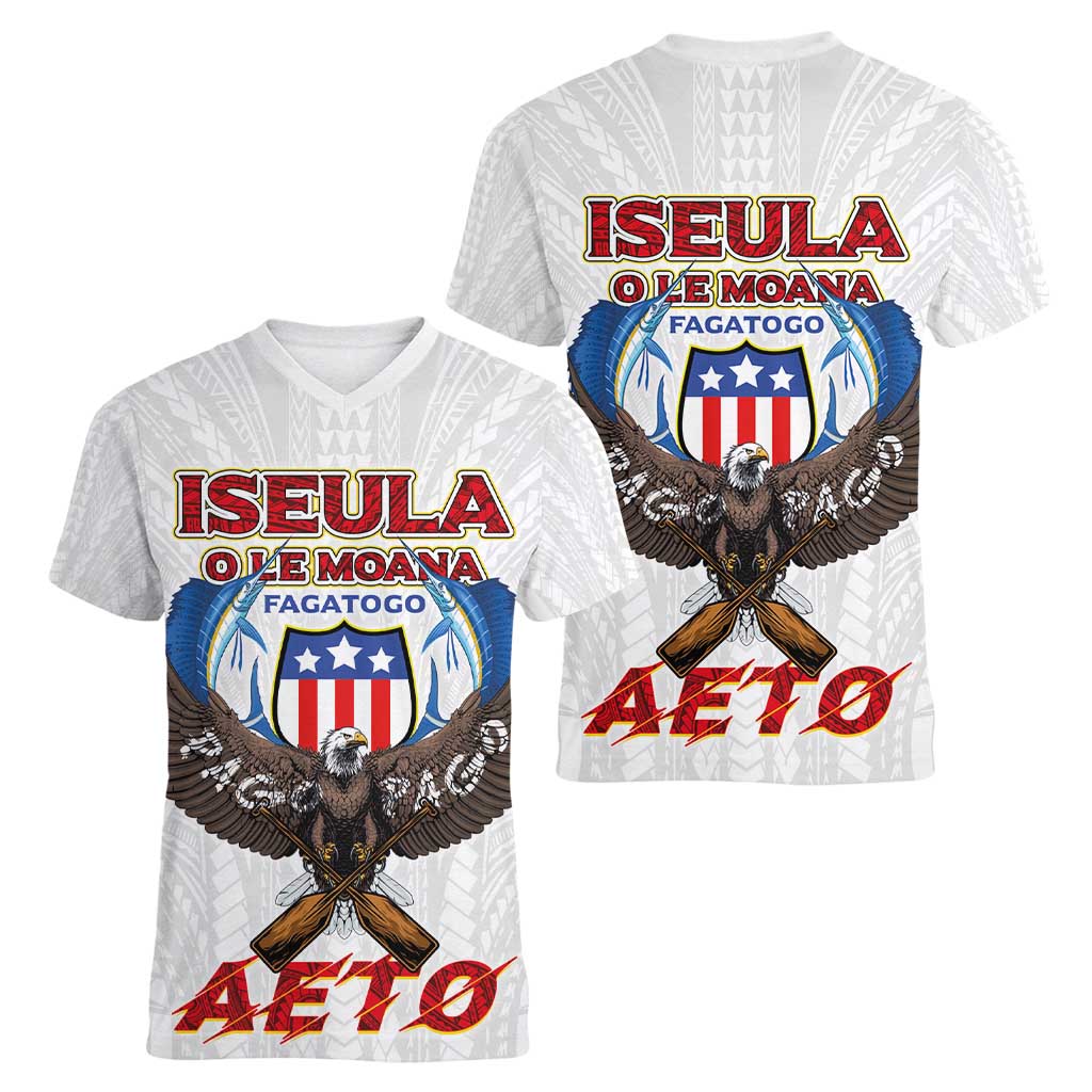 American Samoa Fautasi Women V-Neck T-Shirt Pago Pago Aeto and Iseula o le Moana of Fagatogo White Color LT03 - Polynesian Pride