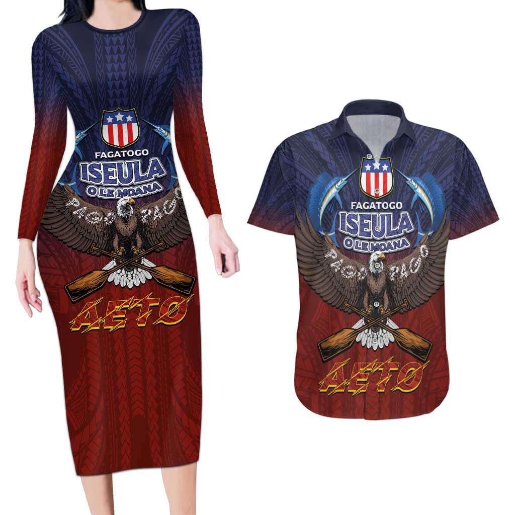 American Samoa Fautasi Couples Matching Long Sleeve Bodycon Dress and Hawaiian Shirt Pago Pago Aeto and Iseula o le Moana of Fagatogo Red-Blue LT03 Blue - Polynesian Pride