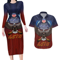 American Samoa Fautasi Couples Matching Long Sleeve Bodycon Dress and Hawaiian Shirt Pago Pago Aeto and Iseula o le Moana of Fagatogo Red-Blue LT03 Blue - Polynesian Pride