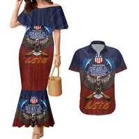 American Samoa Fautasi Couples Matching Mermaid Dress and Hawaiian Shirt Pago Pago Aeto and Iseula o le Moana of Fagatogo Red-Blue LT03 Blue - Polynesian Pride