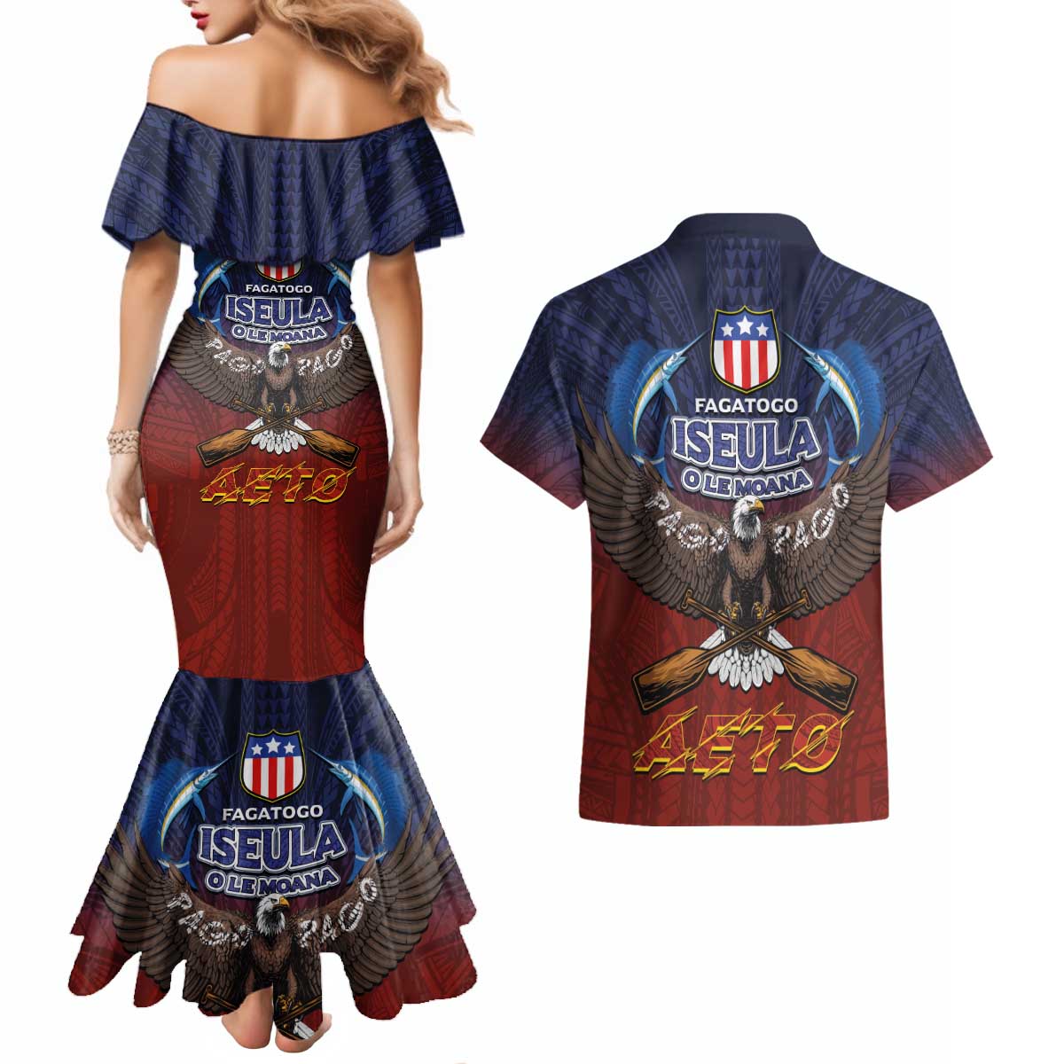 American Samoa Fautasi Couples Matching Mermaid Dress and Hawaiian Shirt Pago Pago Aeto and Iseula o le Moana of Fagatogo Red-Blue LT03 - Polynesian Pride