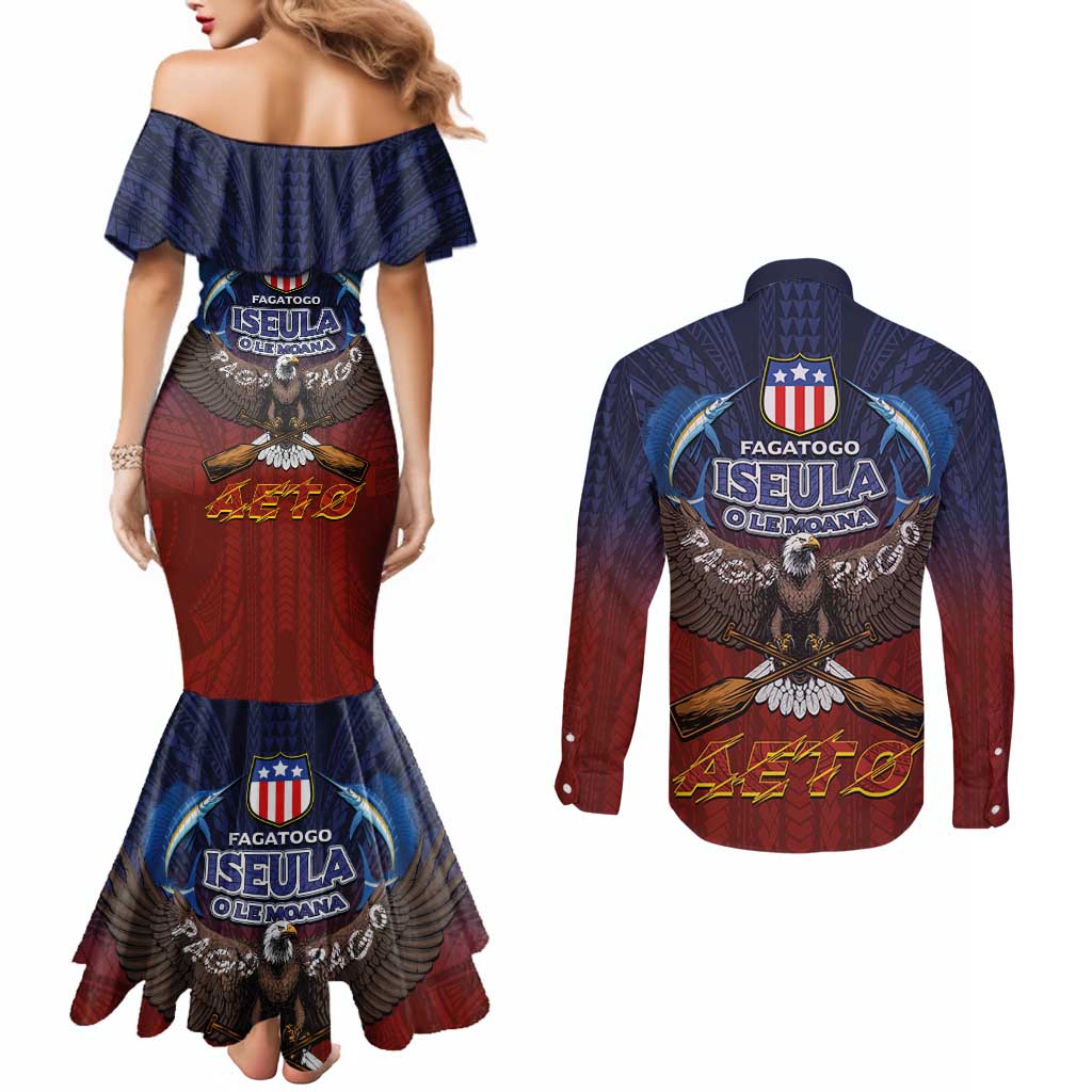American Samoa Fautasi Couples Matching Mermaid Dress and Long Sleeve Button Shirt Pago Pago Aeto and Iseula o le Moana of Fagatogo Red-Blue LT03 - Polynesian Pride