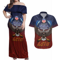 American Samoa Fautasi Couples Matching Off Shoulder Maxi Dress and Hawaiian Shirt Pago Pago Aeto and Iseula o le Moana of Fagatogo Red-Blue LT03 Blue - Polynesian Pride