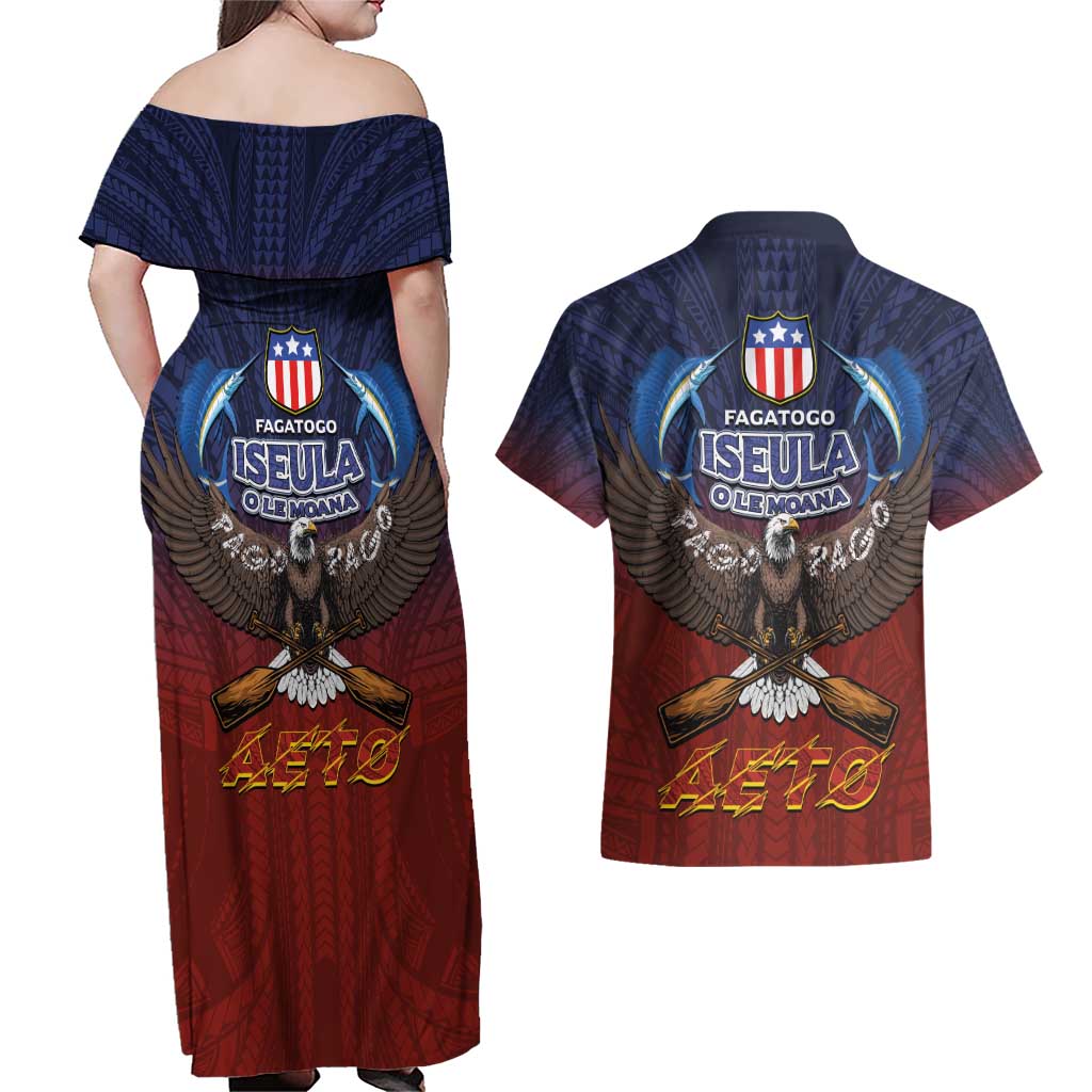 American Samoa Fautasi Couples Matching Off Shoulder Maxi Dress and Hawaiian Shirt Pago Pago Aeto and Iseula o le Moana of Fagatogo Red-Blue LT03 - Polynesian Pride