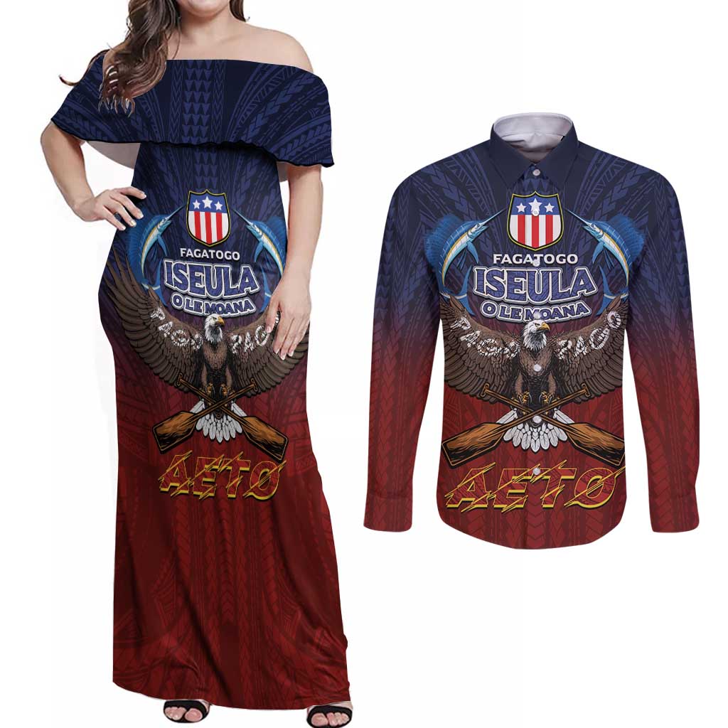 American Samoa Fautasi Couples Matching Off Shoulder Maxi Dress and Long Sleeve Button Shirt Pago Pago Aeto and Iseula o le Moana of Fagatogo Red-Blue LT03 Blue - Polynesian Pride