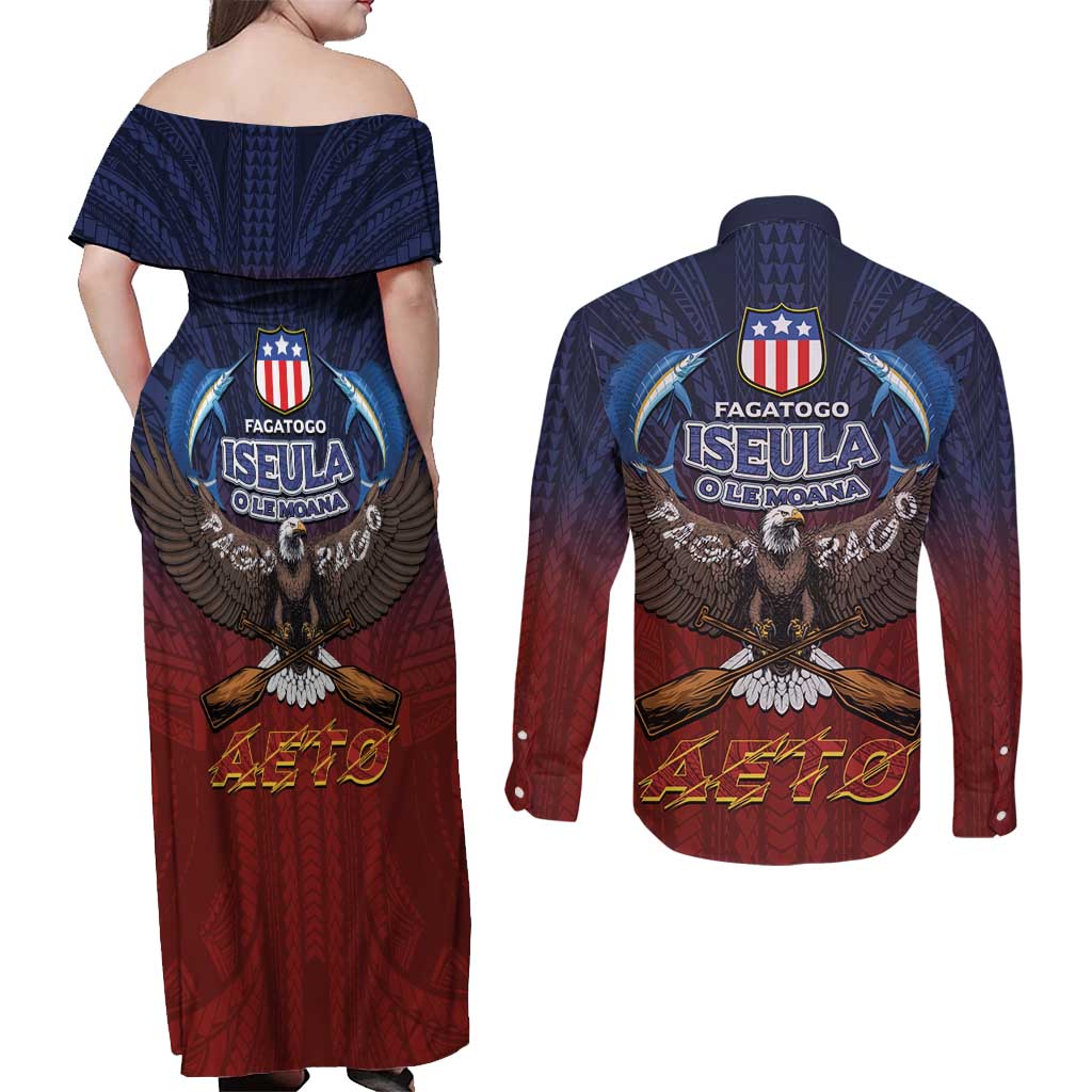American Samoa Fautasi Couples Matching Off Shoulder Maxi Dress and Long Sleeve Button Shirt Pago Pago Aeto and Iseula o le Moana of Fagatogo Red-Blue LT03 - Polynesian Pride
