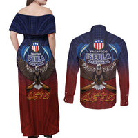 American Samoa Fautasi Couples Matching Off Shoulder Maxi Dress and Long Sleeve Button Shirt Pago Pago Aeto and Iseula o le Moana of Fagatogo Red-Blue LT03 - Polynesian Pride