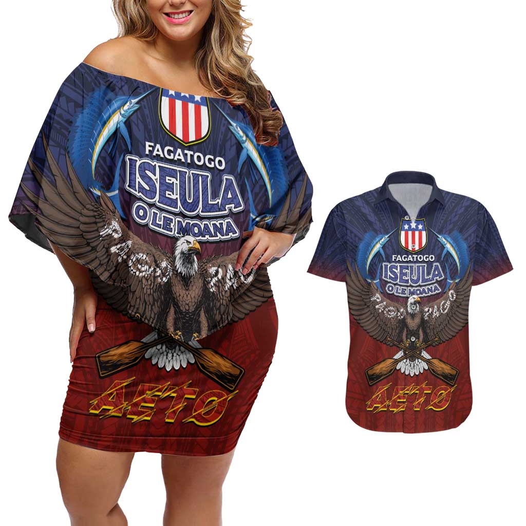 American Samoa Fautasi Couples Matching Off Shoulder Short Dress and Hawaiian Shirt Pago Pago Aeto and Iseula o le Moana of Fagatogo Red-Blue - Polynesian Pride