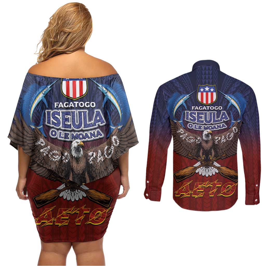 American Samoa Fautasi Couples Matching Off Shoulder Short Dress and Long Sleeve Button Shirt Pago Pago Aeto and Iseula o le Moana of Fagatogo Red-Blue LT03 - Polynesian Pride