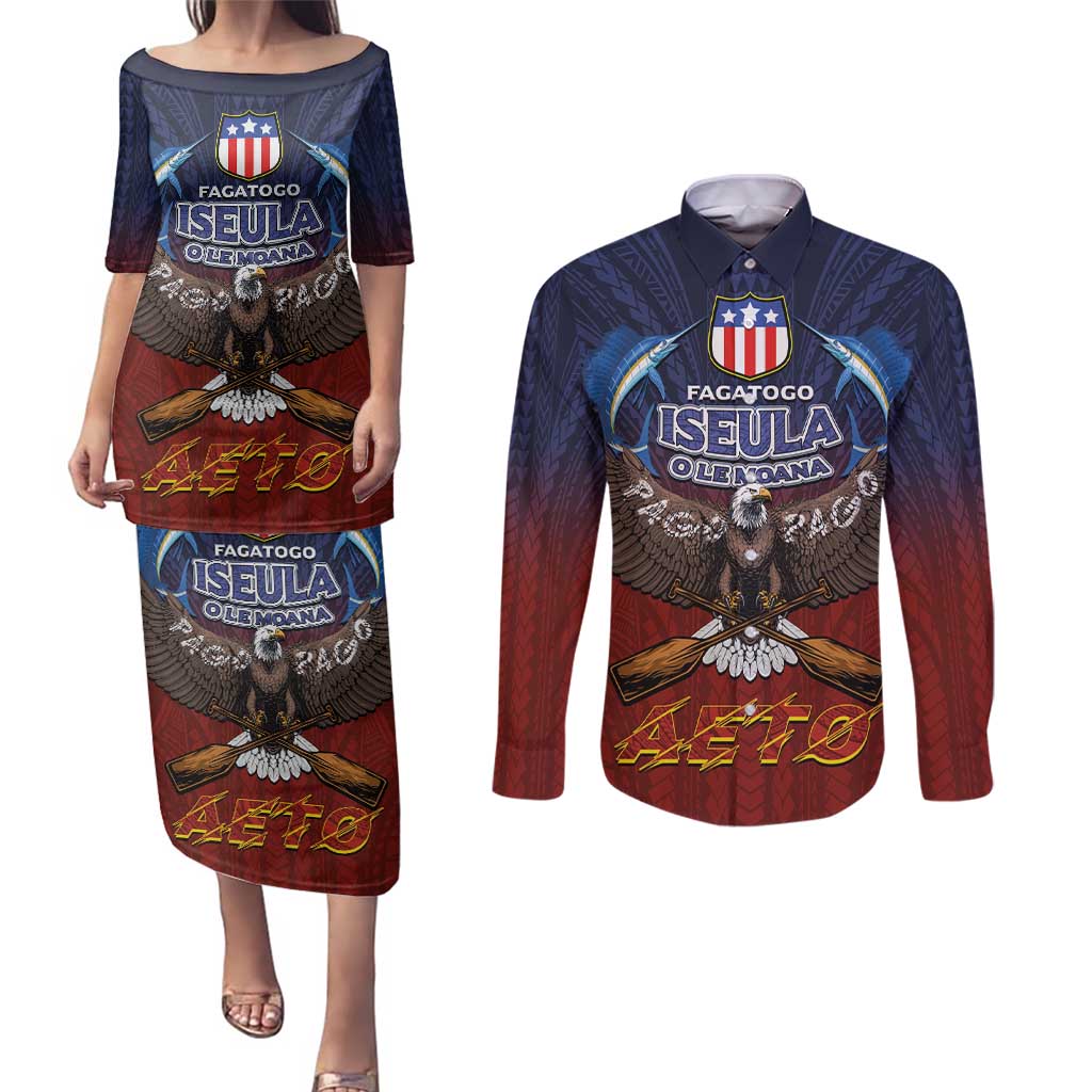 American Samoa Fautasi Couples Matching Puletasi and Long Sleeve Button Shirt Pago Pago Aeto and Iseula o le Moana of Fagatogo Red-Blue - Polynesian Pride