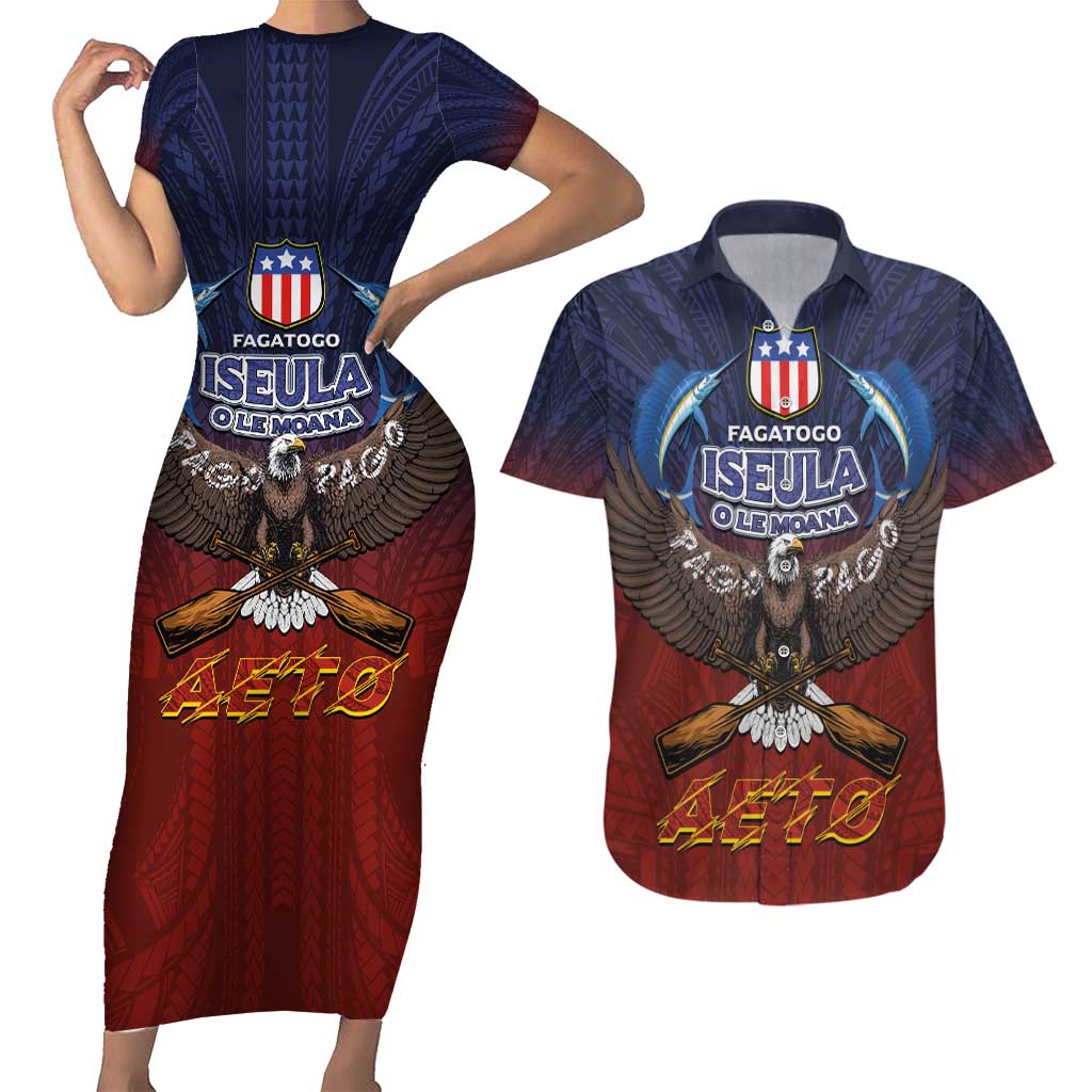 American Samoa Fautasi Couples Matching Short Sleeve Bodycon Dress and Hawaiian Shirt Pago Pago Aeto and Iseula o le Moana of Fagatogo Red-Blue LT03 Blue - Polynesian Pride