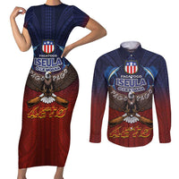 American Samoa Fautasi Couples Matching Short Sleeve Bodycon Dress and Long Sleeve Button Shirt Pago Pago Aeto and Iseula o le Moana of Fagatogo Red-Blue LT03 Blue - Polynesian Pride