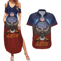 American Samoa Fautasi Couples Matching Summer Maxi Dress and Hawaiian Shirt Pago Pago Aeto and Iseula o le Moana of Fagatogo Red-Blue LT03 Blue - Polynesian Pride