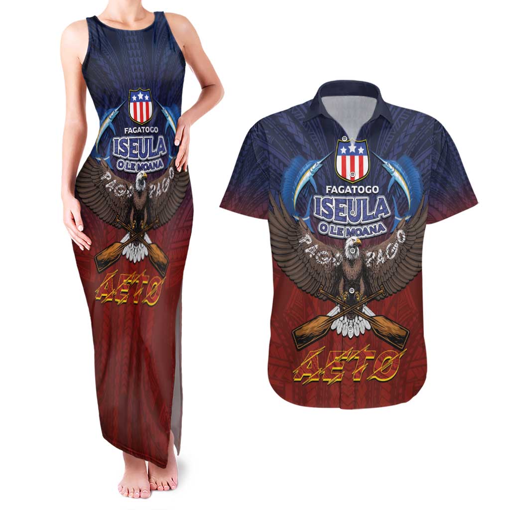 American Samoa Fautasi Couples Matching Tank Maxi Dress and Hawaiian Shirt Pago Pago Aeto and Iseula o le Moana of Fagatogo Red-Blue - Polynesian Pride
