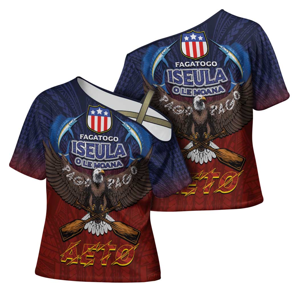 American Samoa Fautasi Cross Shoulder Shirt Pago Pago Aeto and Iseula o le Moana of Fagatogo Red-Blue LT03 - Polynesian Pride