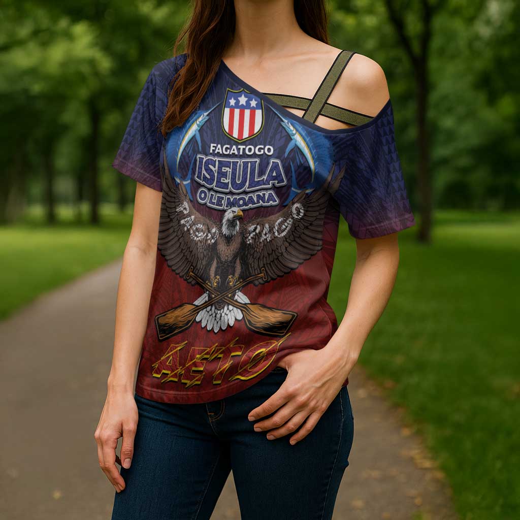 American Samoa Fautasi Cross Shoulder Shirt Pago Pago Aeto and Iseula o le Moana of Fagatogo Red-Blue LT03 - Polynesian Pride