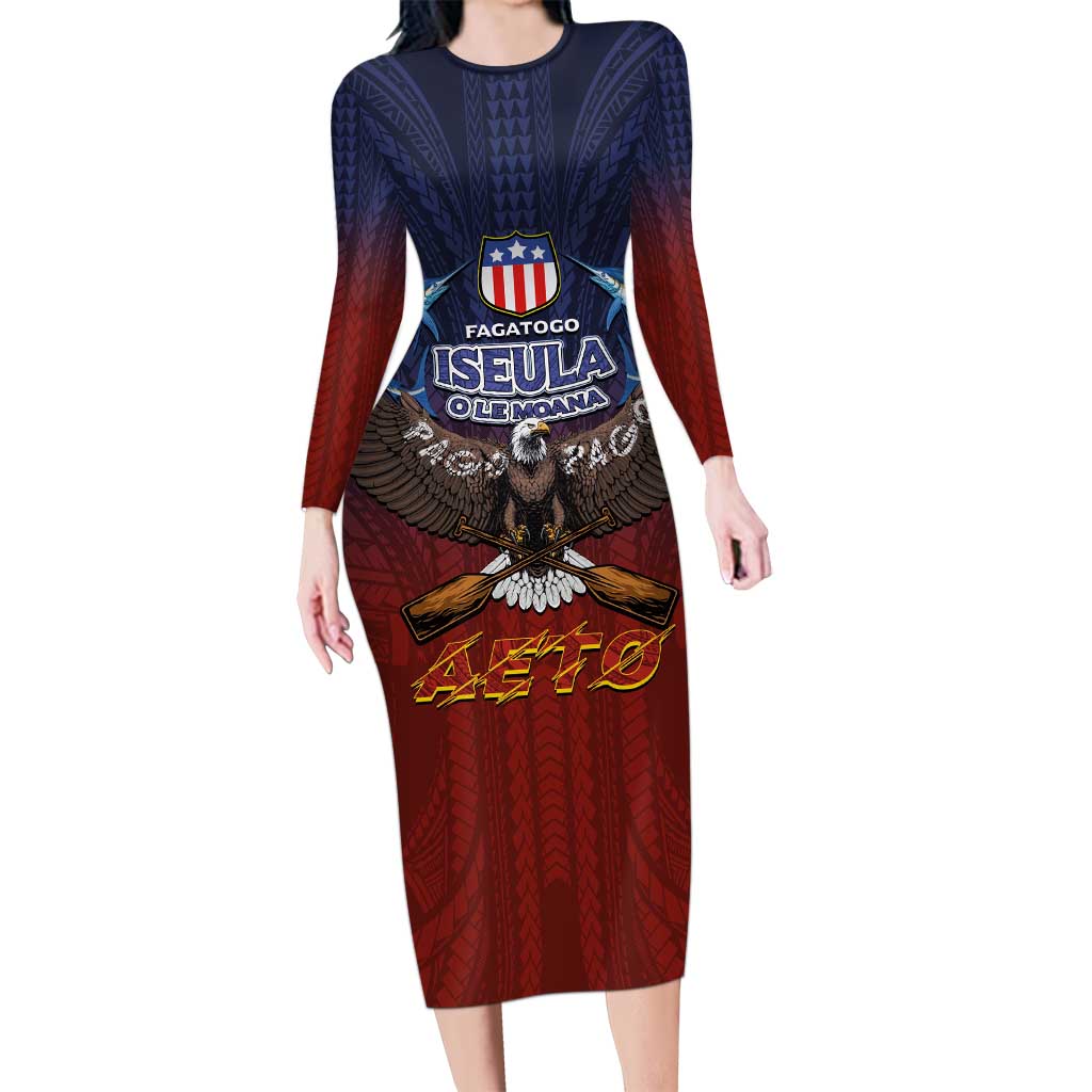 American Samoa Fautasi Family Matching Long Sleeve Bodycon Dress and Hawaiian Shirt Pago Pago Aeto and Iseula o le Moana of Fagatogo Red-Blue LT03 Mom's Dress Blue - Polynesian Pride