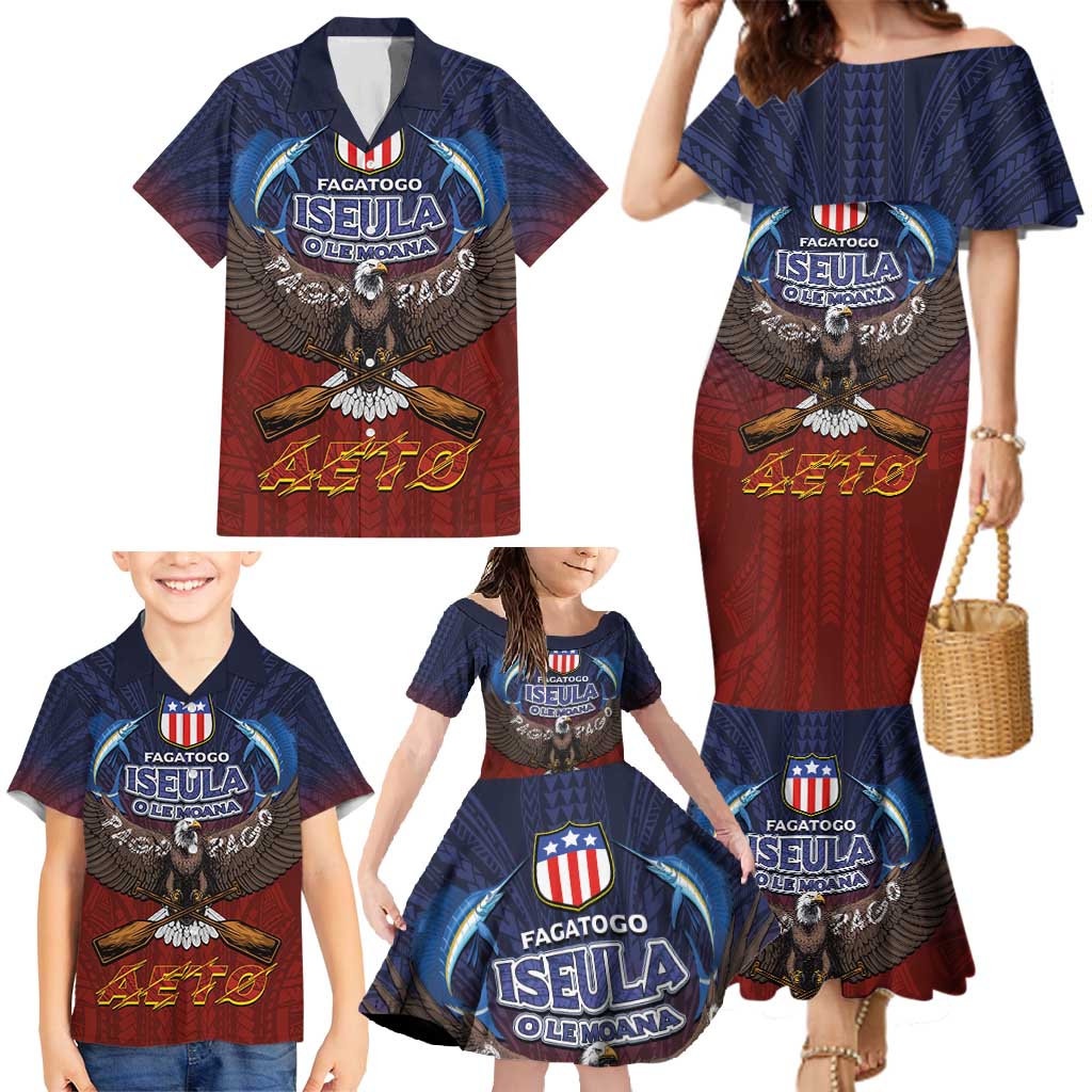 American Samoa Fautasi Family Matching Mermaid Dress and Hawaiian Shirt Pago Pago Aeto and Iseula o le Moana of Fagatogo Red-Blue - Polynesian Pride