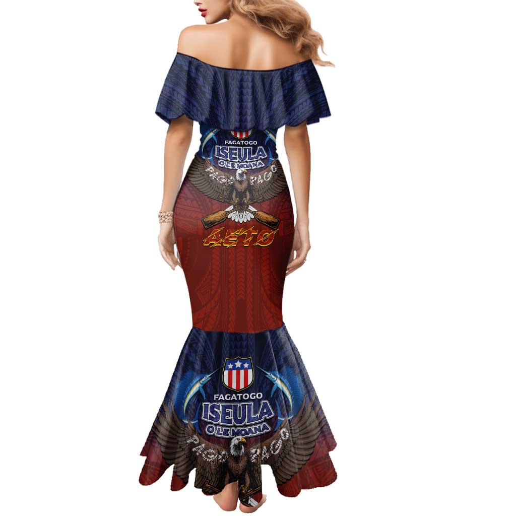 American Samoa Fautasi Family Matching Mermaid Dress and Hawaiian Shirt Pago Pago Aeto and Iseula o le Moana of Fagatogo Red-Blue LT03 - Polynesian Pride