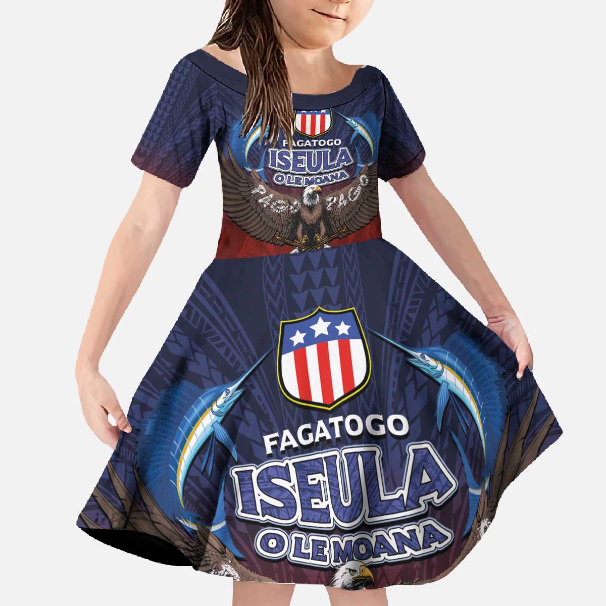 American Samoa Fautasi Family Matching Off The Shoulder Long Sleeve Dress and Hawaiian Shirt Pago Pago Aeto and Iseula o le Moana of Fagatogo Red-Blue LT03 Daughter's Dress Blue - Polynesian Pride