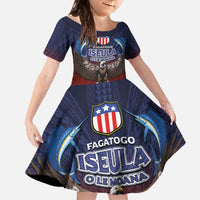 American Samoa Fautasi Family Matching Off The Shoulder Long Sleeve Dress and Hawaiian Shirt Pago Pago Aeto and Iseula o le Moana of Fagatogo Red-Blue LT03 Daughter's Dress Blue - Polynesian Pride