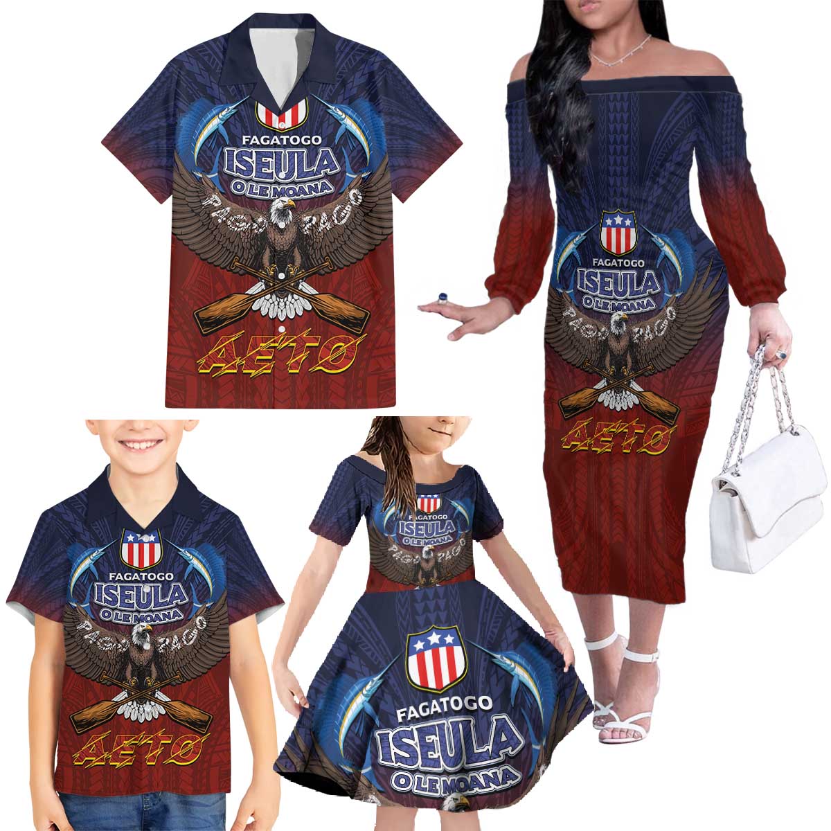 American Samoa Fautasi Family Matching Off The Shoulder Long Sleeve Dress and Hawaiian Shirt Pago Pago Aeto and Iseula o le Moana of Fagatogo Red-Blue LT03 - Polynesian Pride