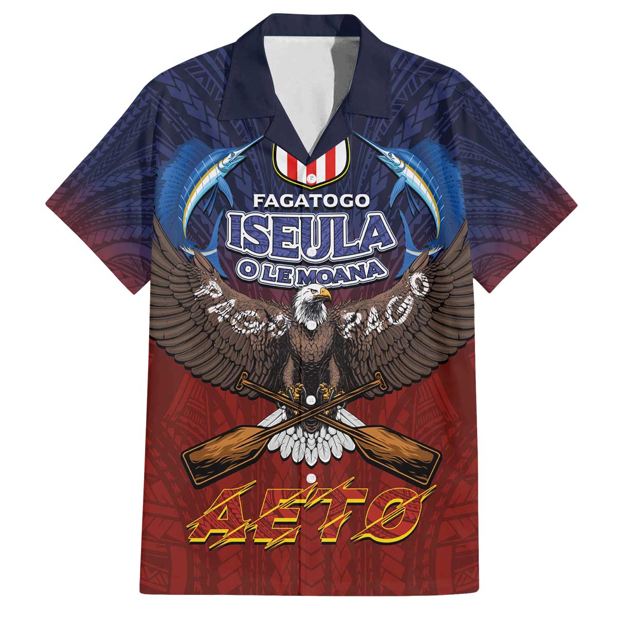 American Samoa Fautasi Family Matching Off The Shoulder Long Sleeve Dress and Hawaiian Shirt Pago Pago Aeto and Iseula o le Moana of Fagatogo Red-Blue LT03 Dad's Shirt - Short Sleeve Blue - Polynesian Pride