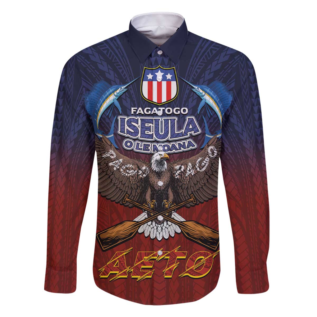 American Samoa Fautasi Family Matching Off The Shoulder Long Sleeve Dress and Hawaiian Shirt Pago Pago Aeto and Iseula o le Moana of Fagatogo Red-Blue LT03 Dad's Shirt - Long Sleeve Blue - Polynesian Pride