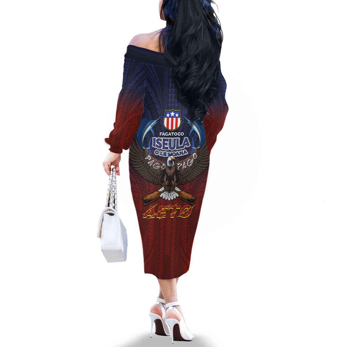 American Samoa Fautasi Family Matching Off The Shoulder Long Sleeve Dress and Hawaiian Shirt Pago Pago Aeto and Iseula o le Moana of Fagatogo Red-Blue LT03 - Polynesian Pride