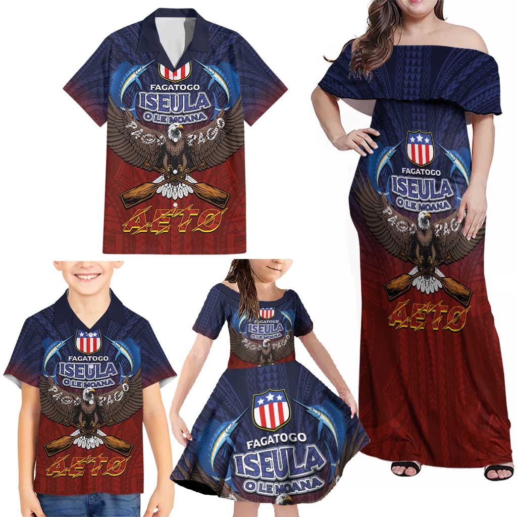 American Samoa Fautasi Family Matching Off Shoulder Maxi Dress and Hawaiian Shirt Pago Pago Aeto and Iseula o le Moana of Fagatogo Red-Blue LT03 - Polynesian Pride