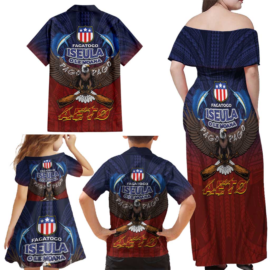 American Samoa Fautasi Family Matching Off Shoulder Maxi Dress and Hawaiian Shirt Pago Pago Aeto and Iseula o le Moana of Fagatogo Red-Blue LT03 - Polynesian Pride