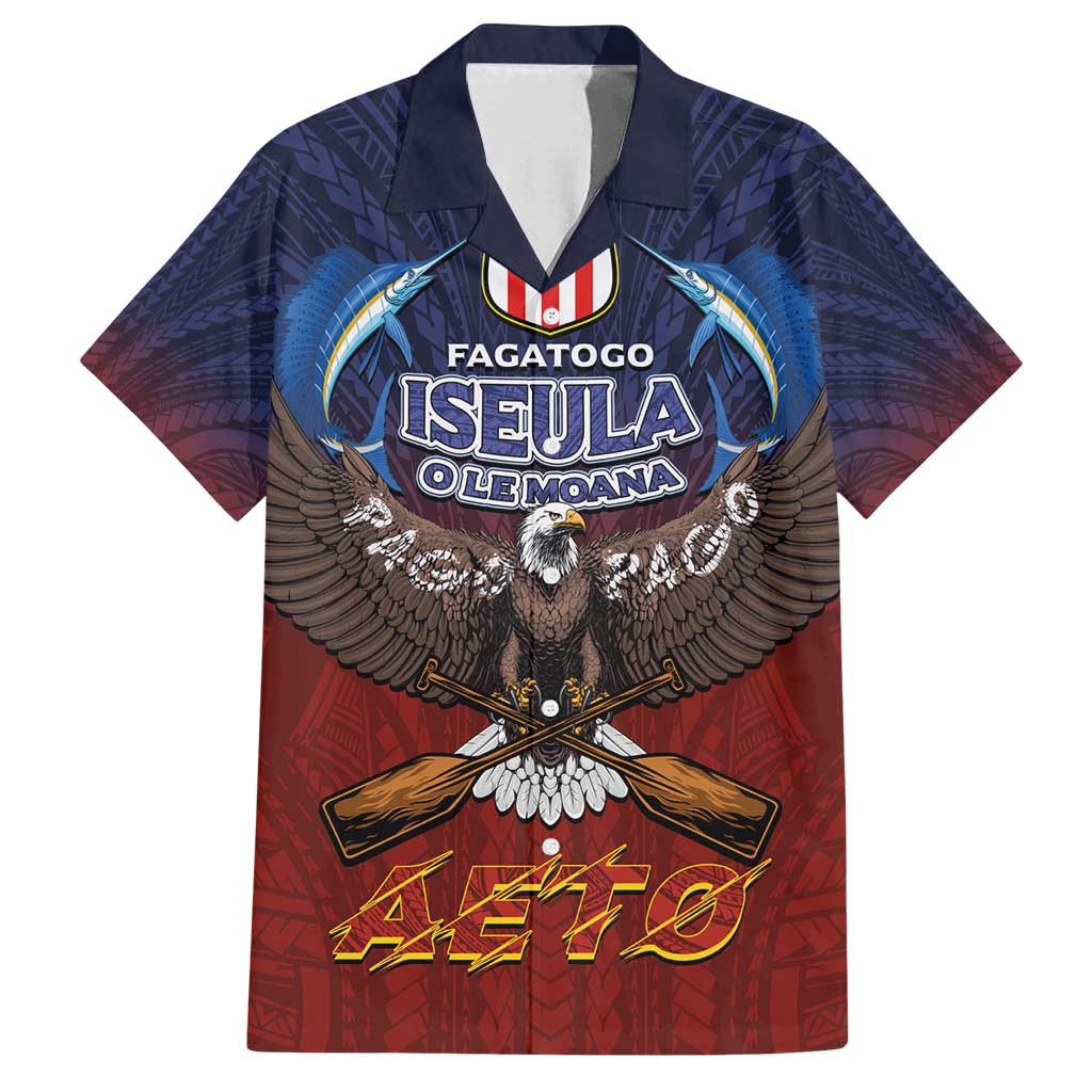 American Samoa Fautasi Family Matching Off Shoulder Maxi Dress and Hawaiian Shirt Pago Pago Aeto and Iseula o le Moana of Fagatogo Red-Blue LT03 Dad's Shirt - Short Sleeve Blue - Polynesian Pride