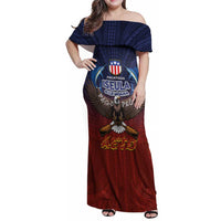 American Samoa Fautasi Family Matching Off Shoulder Maxi Dress and Hawaiian Shirt Pago Pago Aeto and Iseula o le Moana of Fagatogo Red-Blue LT03 Mom's Dress Blue - Polynesian Pride
