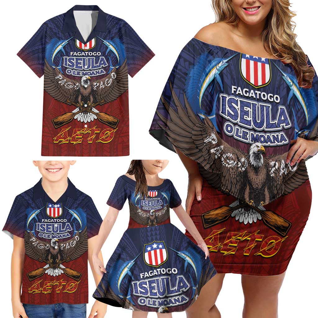 American Samoa Fautasi Family Matching Off Shoulder Short Dress and Hawaiian Shirt Pago Pago Aeto and Iseula o le Moana of Fagatogo Red-Blue LT03 - Polynesian Pride