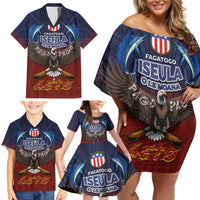 American Samoa Fautasi Family Matching Off Shoulder Short Dress and Hawaiian Shirt Pago Pago Aeto and Iseula o le Moana of Fagatogo Red-Blue LT03 - Polynesian Pride