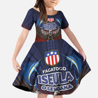 American Samoa Fautasi Family Matching Puletasi and Hawaiian Shirt Pago Pago Aeto and Iseula o le Moana of Fagatogo Red-Blue LT03 Daughter's Dress Blue - Polynesian Pride