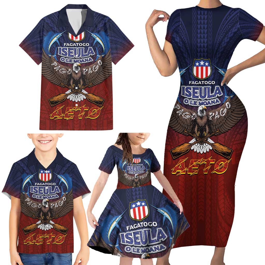 American Samoa Fautasi Family Matching Short Sleeve Bodycon Dress and Hawaiian Shirt Pago Pago Aeto and Iseula o le Moana of Fagatogo Red-Blue LT03 - Polynesian Pride