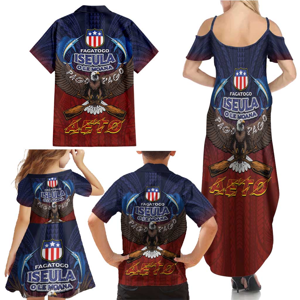 American Samoa Fautasi Family Matching Summer Maxi Dress and Hawaiian Shirt Pago Pago Aeto and Iseula o le Moana of Fagatogo Red-Blue LT03 - Polynesian Pride