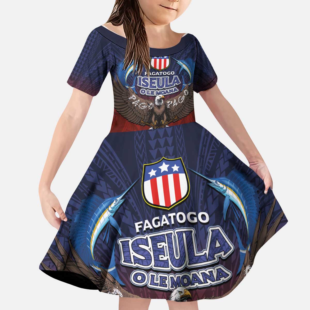American Samoa Fautasi Kid Short Sleeve Dress Pago Pago Aeto and Iseula o le Moana of Fagatogo Red-Blue LT03 KID Blue - Polynesian Pride