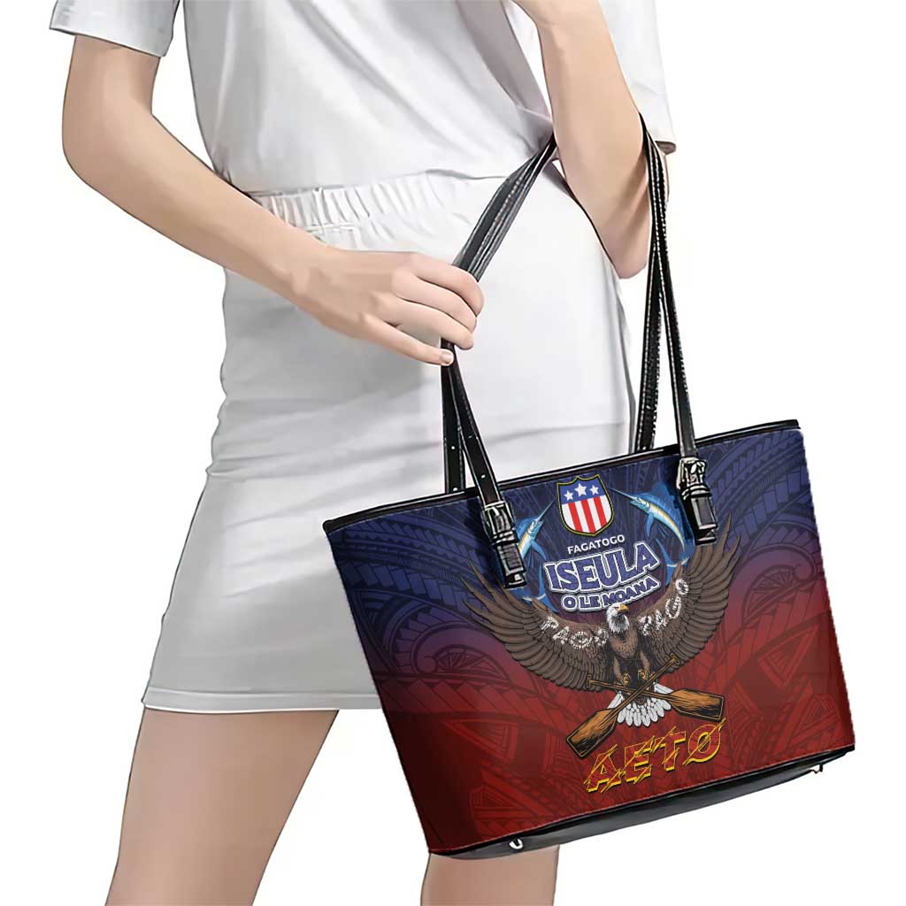 American Samoa Fautasi Leather Tote Bag Pago Pago Aeto and Iseula o le Moana of Fagatogo Red-Blue LT03 - Polynesian Pride